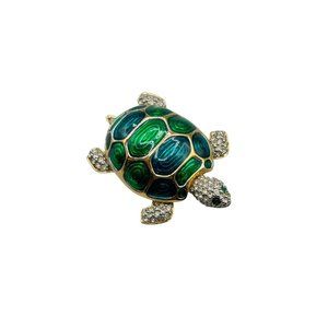 Vintage Turtle Brooch Pin Crystal Enamel Sea Animal Pin Figural Swarovski Signed